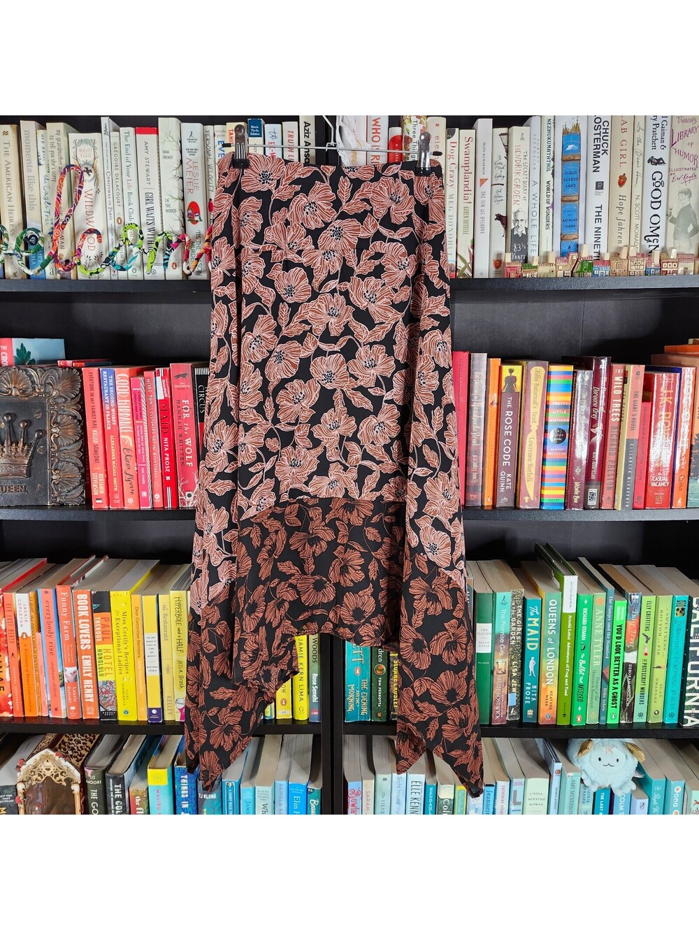 Sienna Sky Floral Handkerchief Hem Midi Skirt Women's Small Black Brown